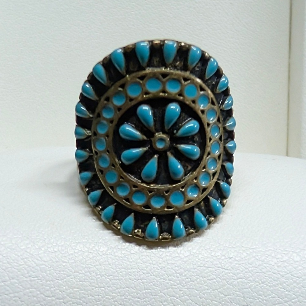 Vintage Statement Oval Turquoise Faux Stone Ring Size 6.5 Brass Tone Boho Ethnic